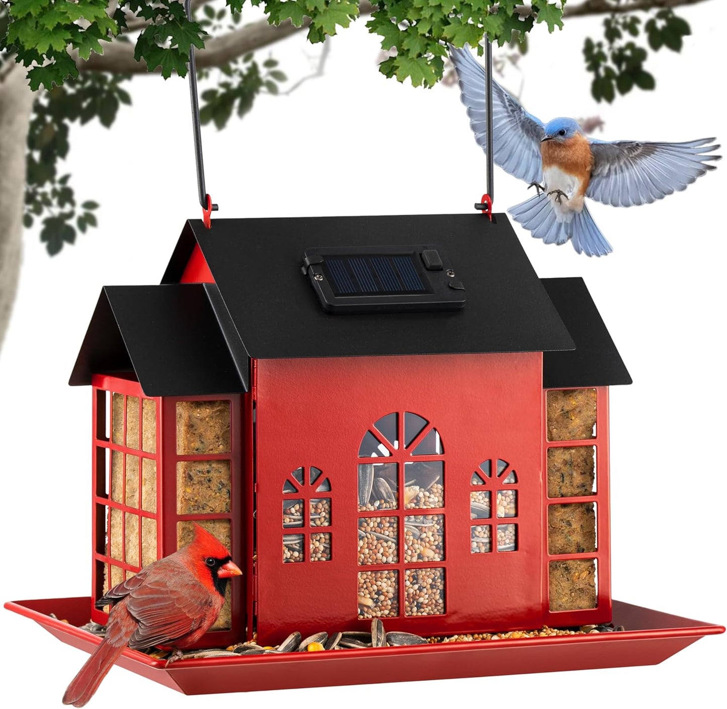 Solar Bird Feeder House for Outdoors Hanging, for Teens Women Grandma,Solar Metal Large Capacity Birdfeeders Hanging Outside,Cardinal Wild Large Bird Feeder with Suet Cages,Garden Decor