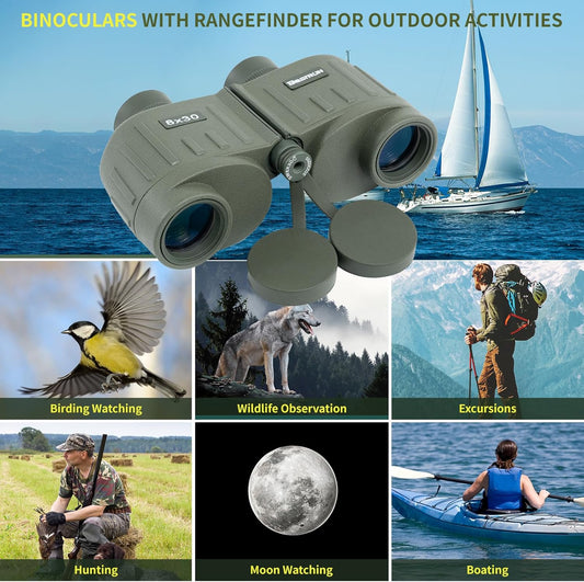 8X30 Marine Binoculars for Adults with Rangefinder Phone Adapter, Shockproof Military IPX7 Floating Waterproof Compact Binoculars with BAK4 Prism FMC Lens for Sailing Boating Navigation Bird Watching