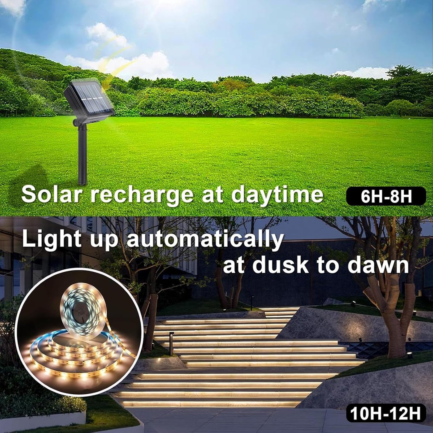 Solar LED Light Strip Outdoor Tape Rope Lights Waterproof 10ft Garden Path Decorative Lighting with 8 Modes for Outside, Wrap, Party, Stair, Step, Gazebo, Yard, Wedding, 2 Pack