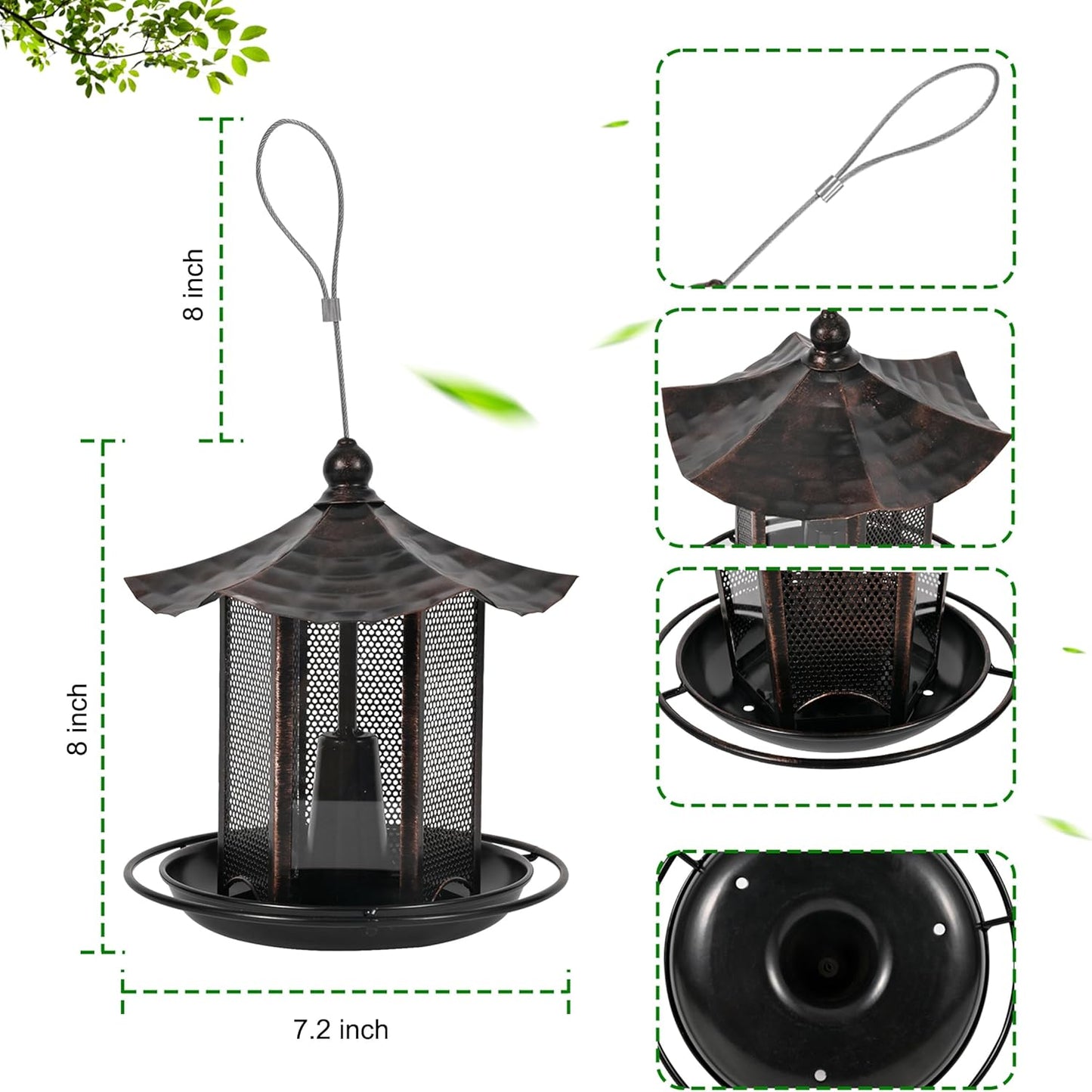 CVHOMEDECO. Bird Feeders for Outdoors Hanging Metal Bird Feeder for Wild Bird, Garden Yard Outside Decor. Hexagon Shaped with Roof, Antique Copper