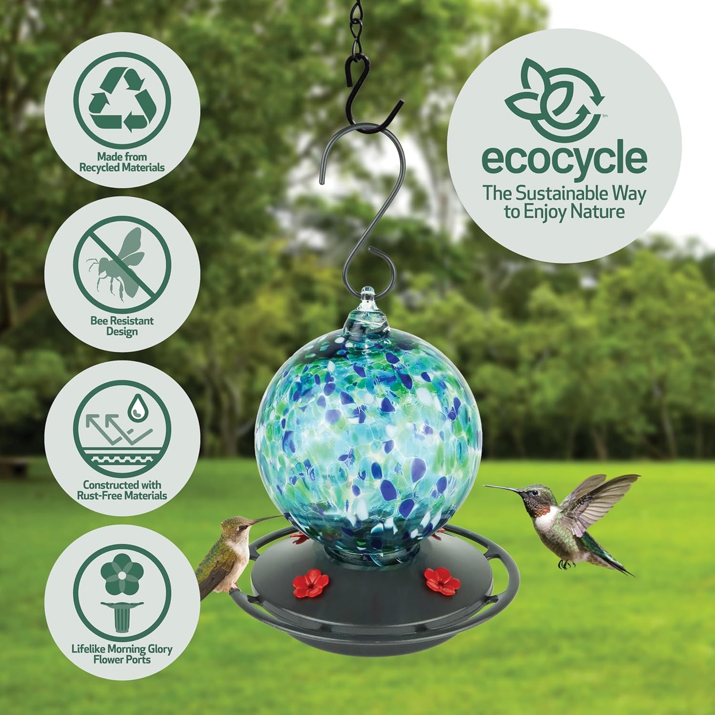 Garden Globe Handblown Recycled Glass Hummingbird Feeder for Outdoor Décor, 19 Ounce Capacity Nectar Feeder, 4 Removable Easy Clean Ports, Blue