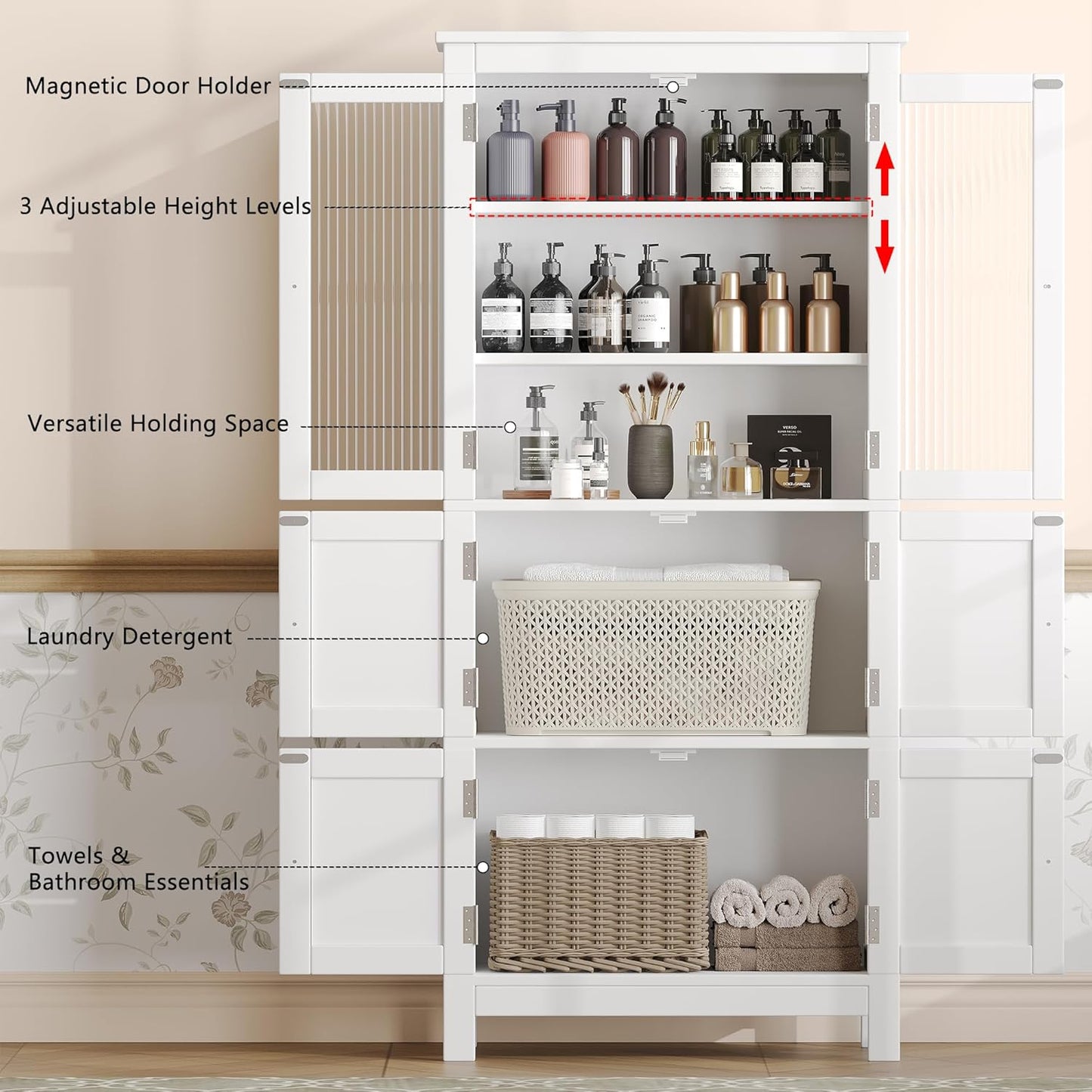 53.1" H Tall Bathroom Storage Cabinet, Bathroom Floor Cabinet with 6 D