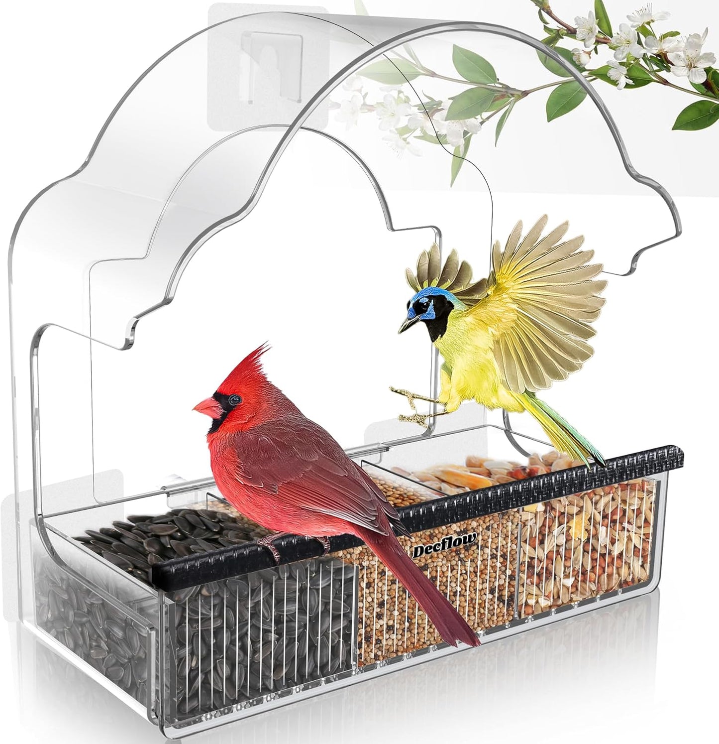 Decflow Window Bird Feeders for Outside, Clear Bird Window Feeder with 3 Pairs of Strong Stickers, Transparent Acrylic Birds House for Window Viewing, Removable Tray, Wild Birds Watching Present