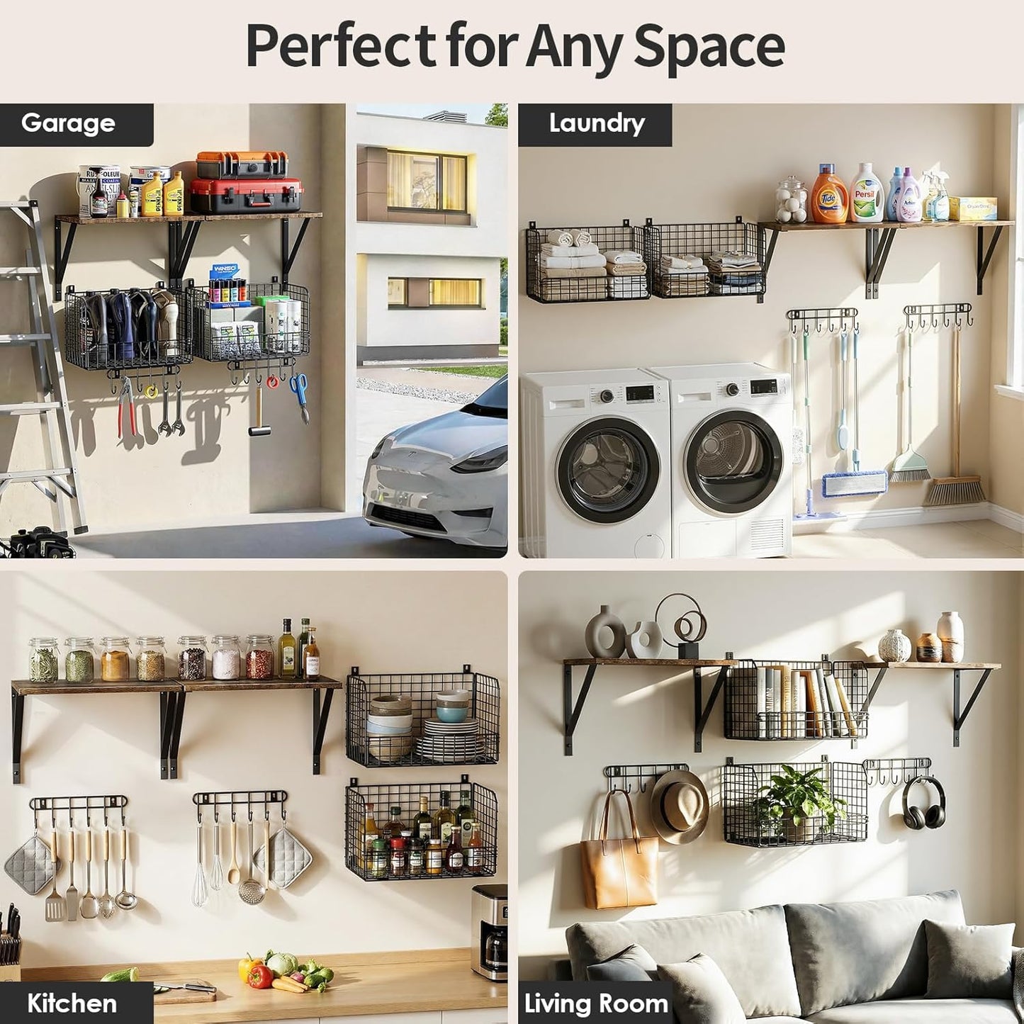 Housolution Garage Shelving Wall Mounted, Heavy-Duty Garage Wall Shelving with Baskets & Hooks Supports up to 154 LBS in Total, Tool Storage Organizer for Home, Garden, Kitchen, Laundry Room
