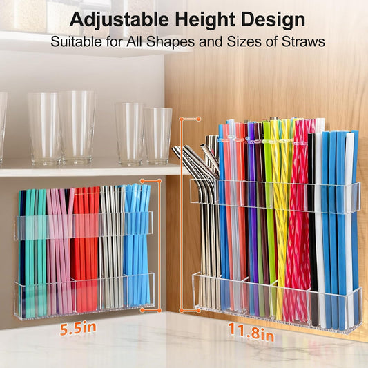9.5” Large Acrylic Straw Holder for Cabinet Door, Reusable Adjustable 