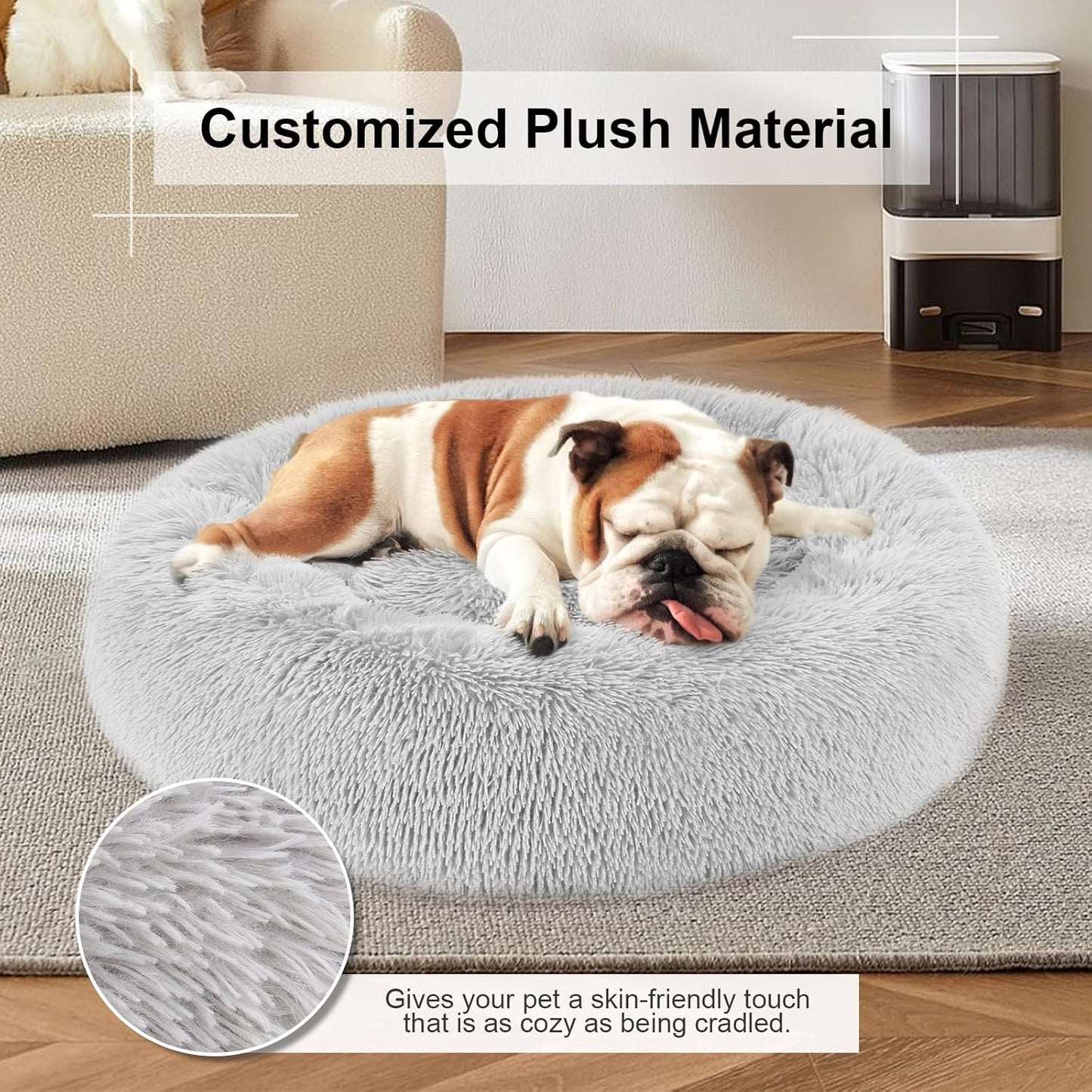 Dog Bed, Cat Calming Bed, Faux Fur Pillow Pet Donut Cuddler Round Plus