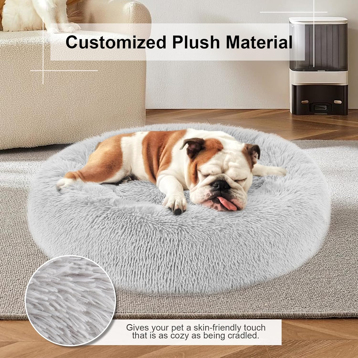 Dog Bed, Cat Calming Bed, Faux Fur Pillow Pet Donut Cuddler Round Plus