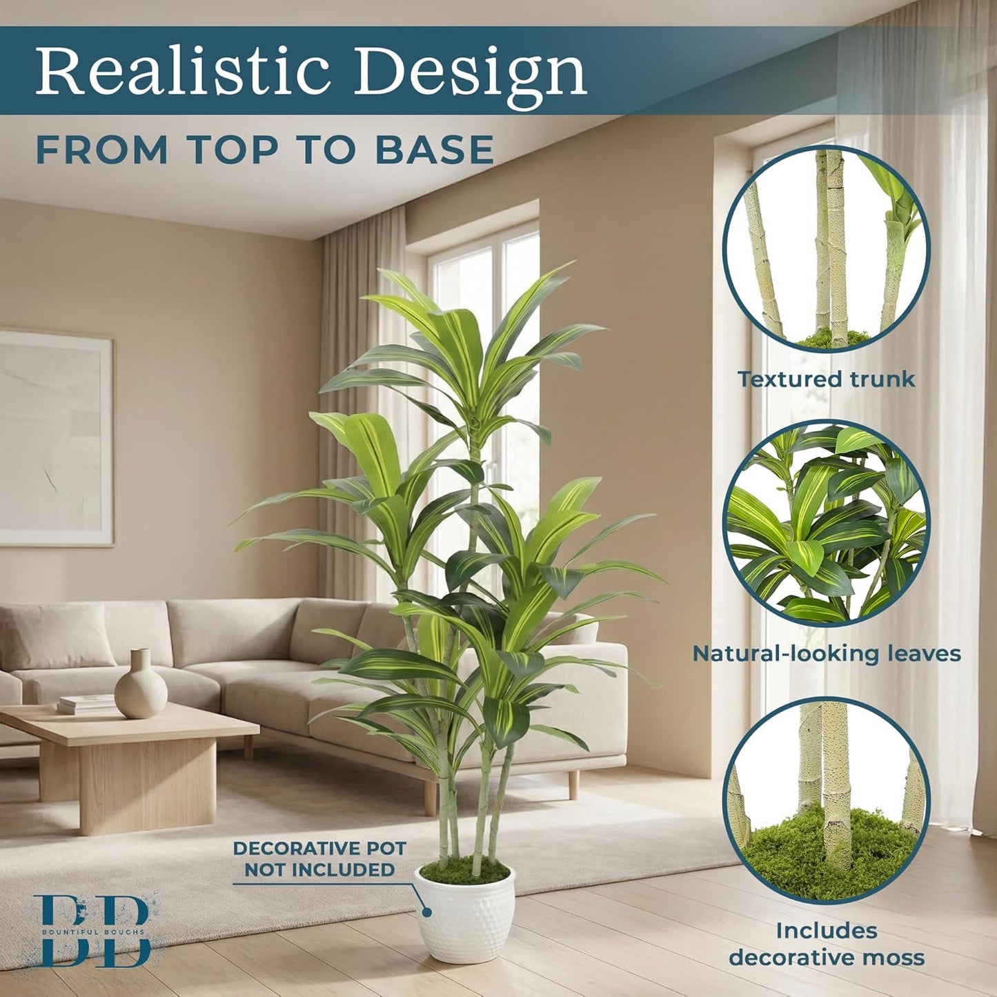 4’ (120 cm) Dracaena Artificial Tree with Small Black Pot & Moss – Lifelike Natural Look, Maintenance-Free, Indoor & Outdoor Plant for Home, Office, Balcony & Patio