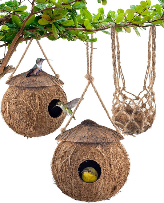 KATUMO Hummingbird Houses, Natural Coconut Bird Houses for Outside Hanging Hummingbird Swinging Nest, with Coconut Fiber Bedding for Nesting Window Garden Outdoor Home, 3Pcs