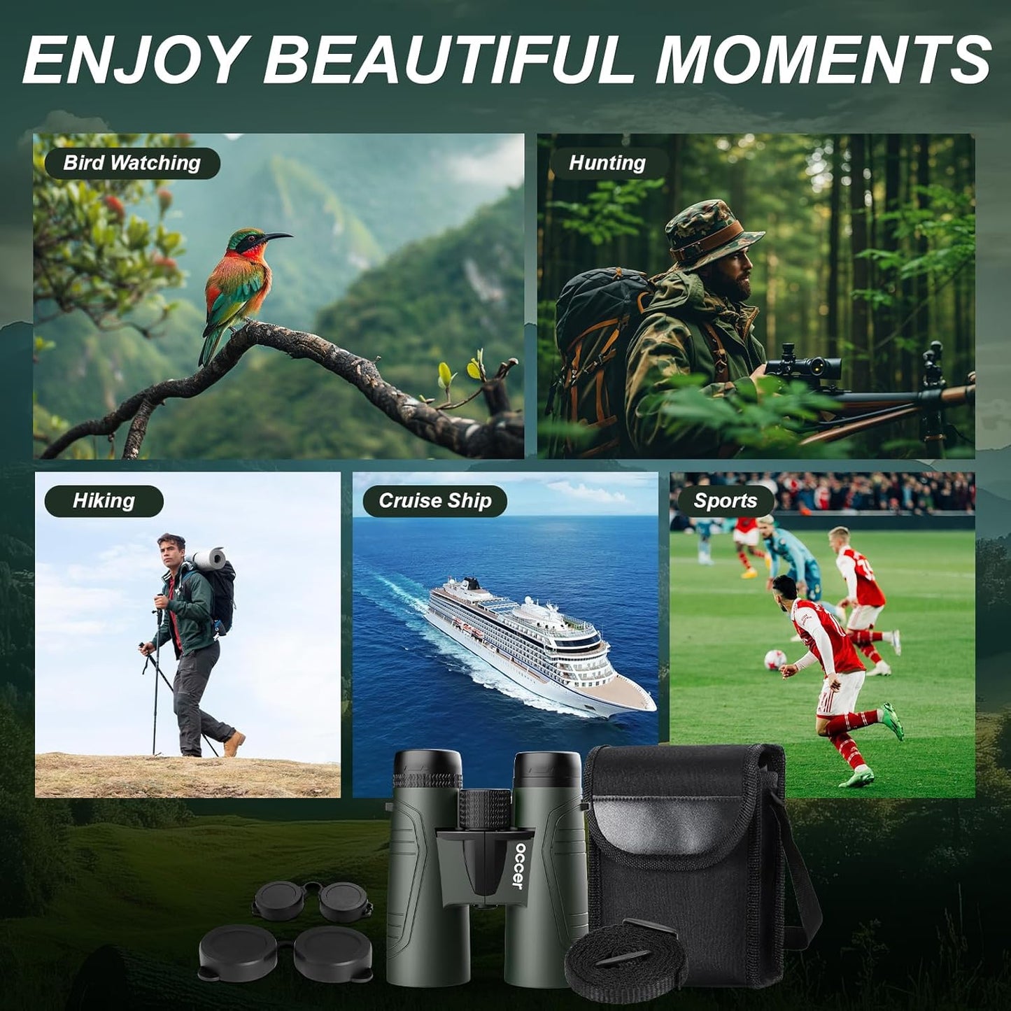 15x42 Binoculars for Adults High Powered - Occer HD Lightweight Travel Hunting Binoculars with Clear Low Light Vision for Bird Watching, Whale Watching, Camping Gifts for Men Women -Green