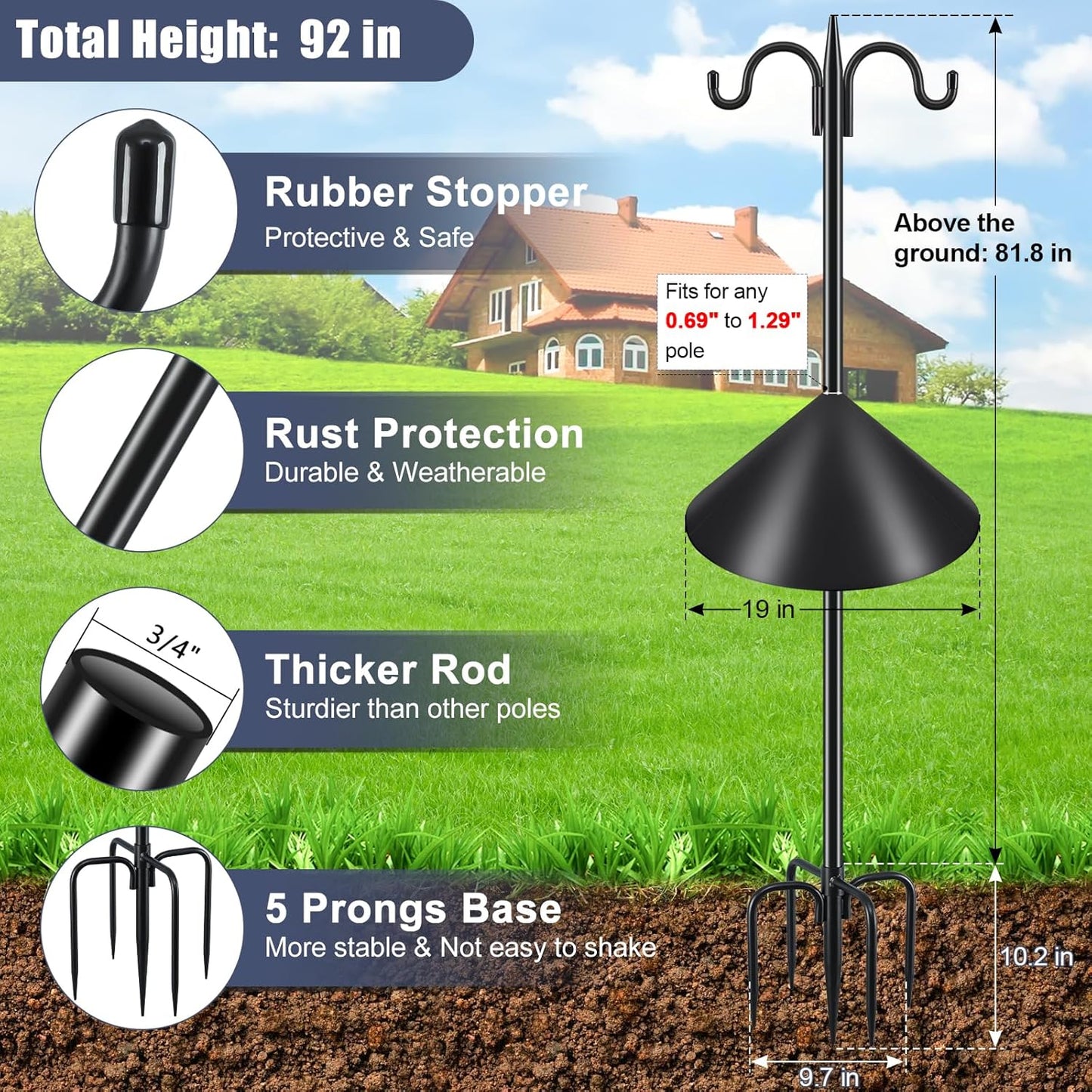 Gtongoko Bird Feeder Pole Squirrel Proof, 92 Inch Double Shepherds Hook for Outdoor with Squirrel Baffles Adjustable Heavy Duty with 5 Prongs Base for Hanging Plants, Bird Feeders, Black