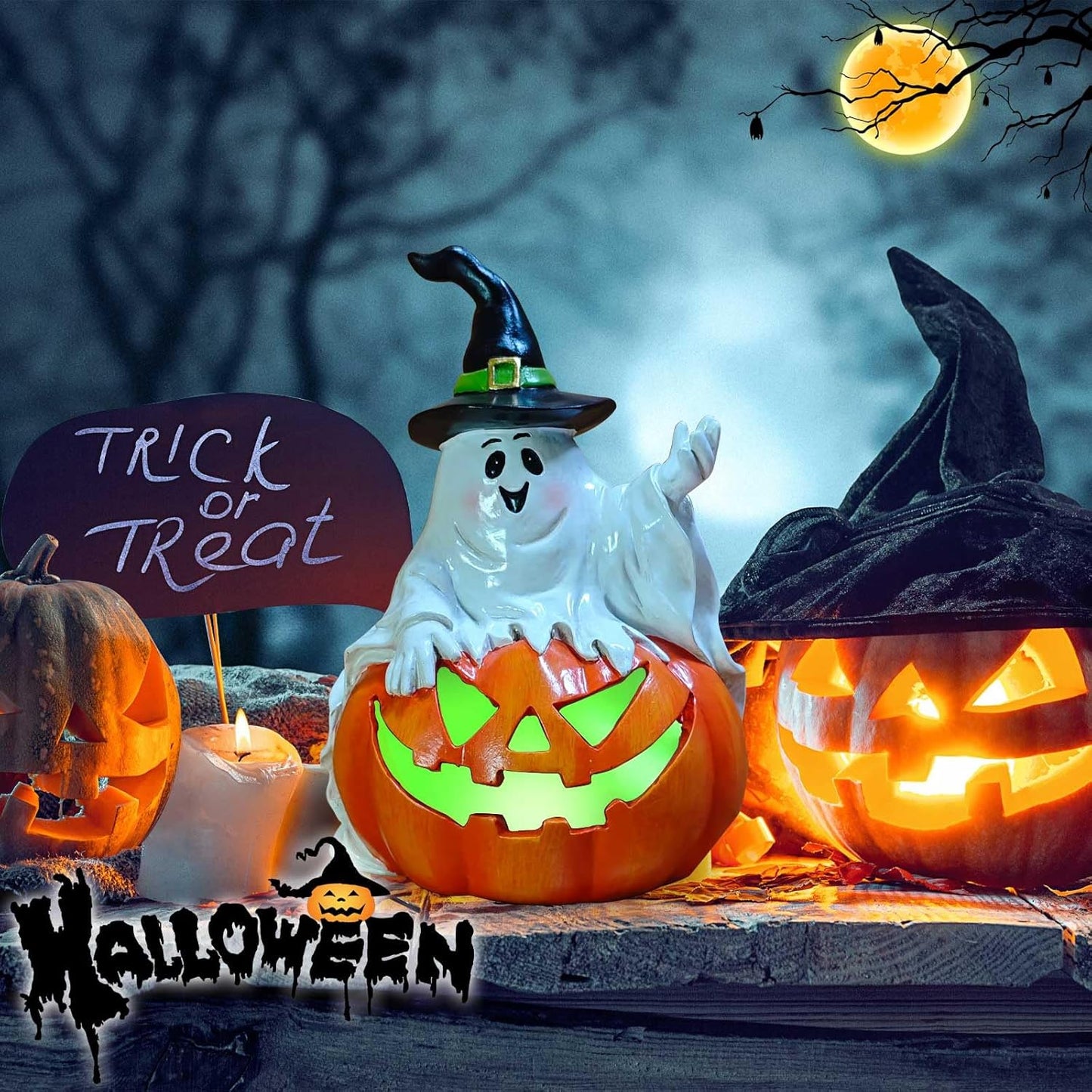 Ghost Halloween Decorations Outdoor with Solar LED Lights, Cute Spooky Ghost Jack-O-Lantern Pumpkin Figurines, Color Changing Halloween Decor Outside for Yard Porch Garden Lawn Party