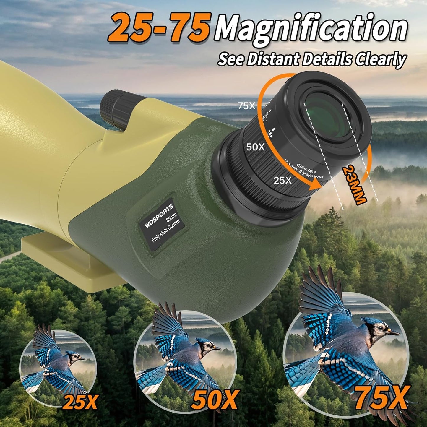 WOSPORTS 25-75x85 Spotting Scopes with Tripod, Carrying Bag, Phone Adapter, HD BAK4 Porro Prism, Waterproof Spotter Scope for Hunting, Target Shooting, Bird Watching, Wildlife Viewing, Dark Green