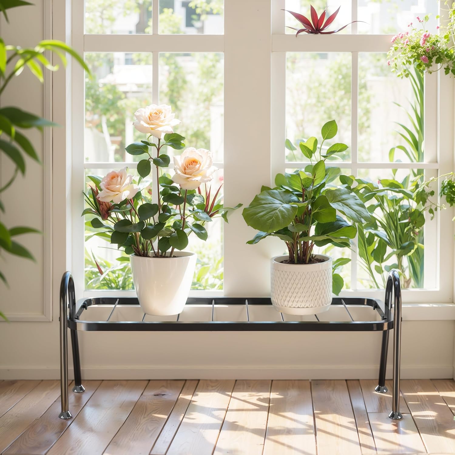 Metal Plant Stand Indoor Outdoor, Heavy Duty 1-Tier Ladder Plant Shelf