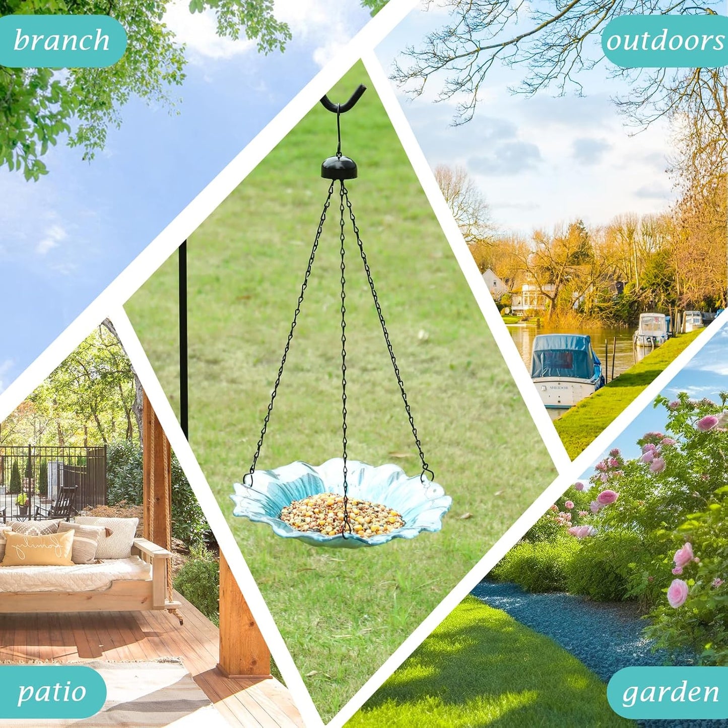 VCUTEKA Bird Bath, Glass Hanging Bird Baths for Outdoors Birdfeeder wi