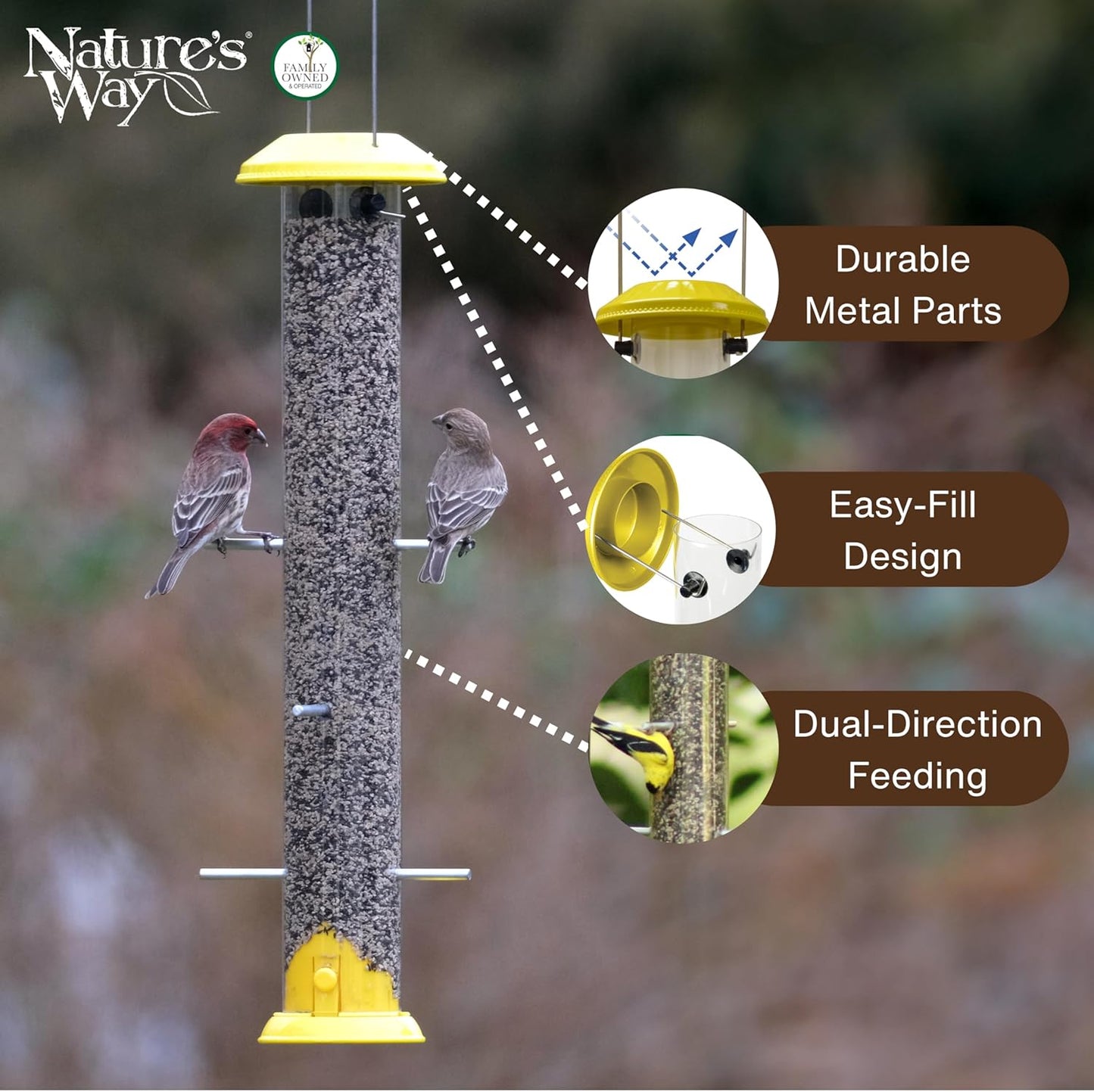 Nature's Way Bottoms-Up Metal Finch Thistle Feeder, 1.6 QT, Easy to Clean and Fill, Wild Bird Feeder and Outdoor Décor, Yellow