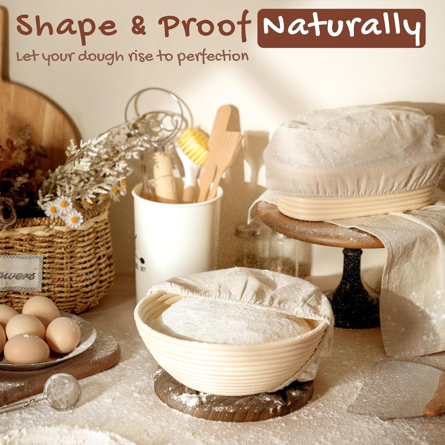 Astercook Sourdough Starter Kit with Round & Oval Banneton Bread Proofing Basket, Bread Sling, Starter Jar, Dough Whisk, Scrapers, Stencils, Cooling Rack & Bag Complete Sourdough Bread Baking Supplies