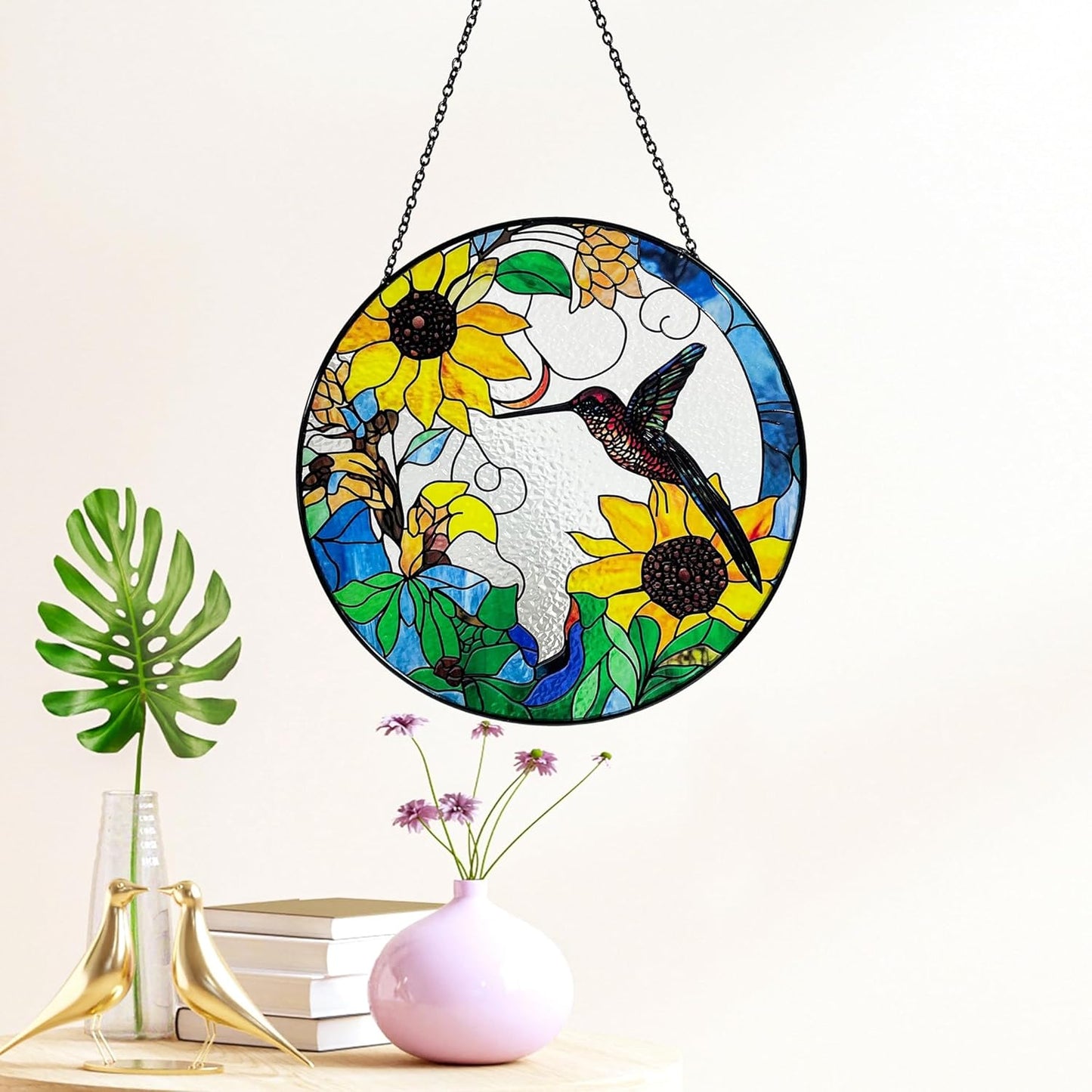 Hummingbird and Sunflowers Stained Glass Suncatcher/Window Hanging – Handcrafted Glass Art, Perfect for Home, Garden, and Gift Giving, 7.8 Inch Round Design
