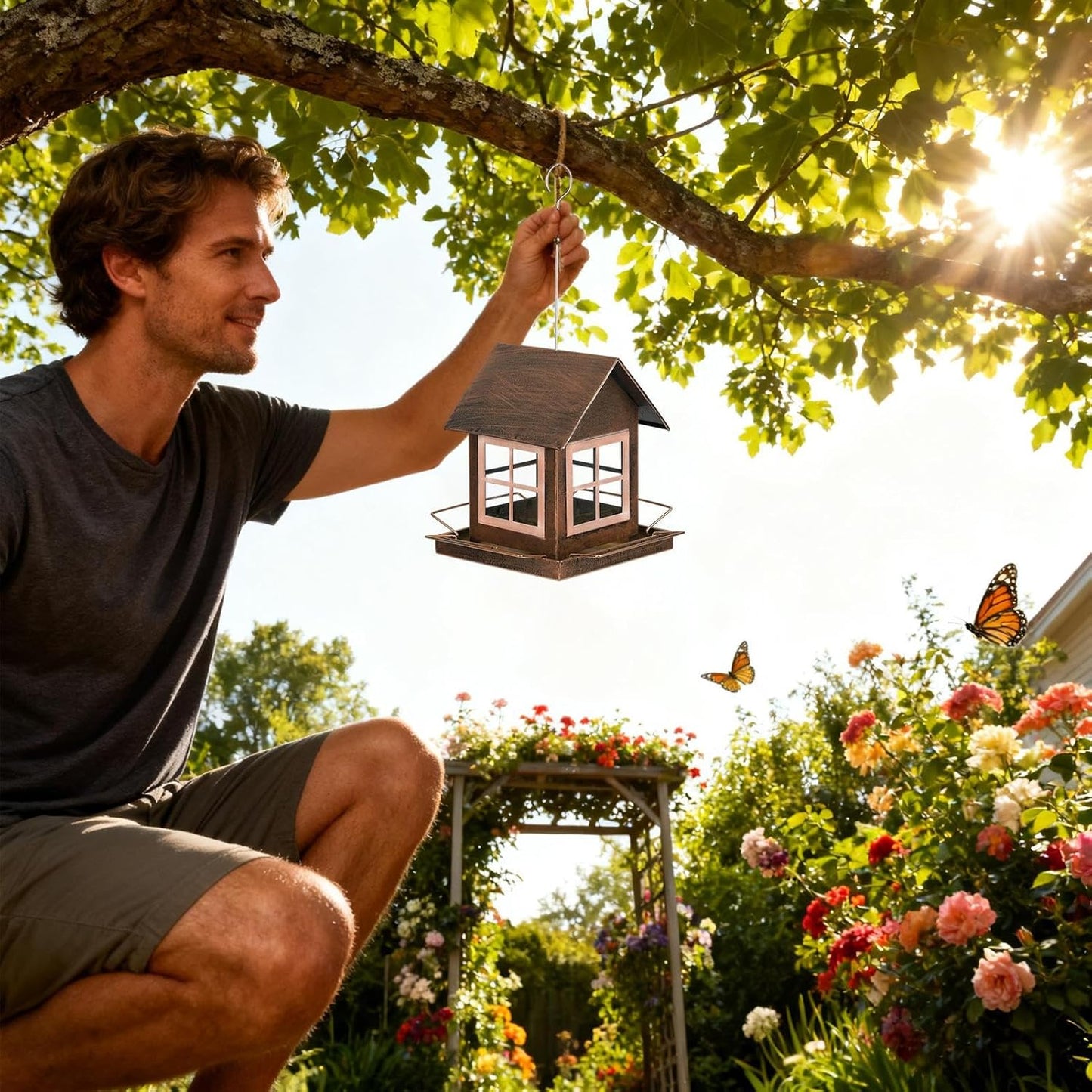 Outdoor Bird Feeding Station - Large Capacity Hanging Feeder, Wild Bird Feeder with Weather Resistant Roof, Garden Birdwatching Feeders Seed Holder, Balcony Yard Feeding Station for Cockatiels Fin