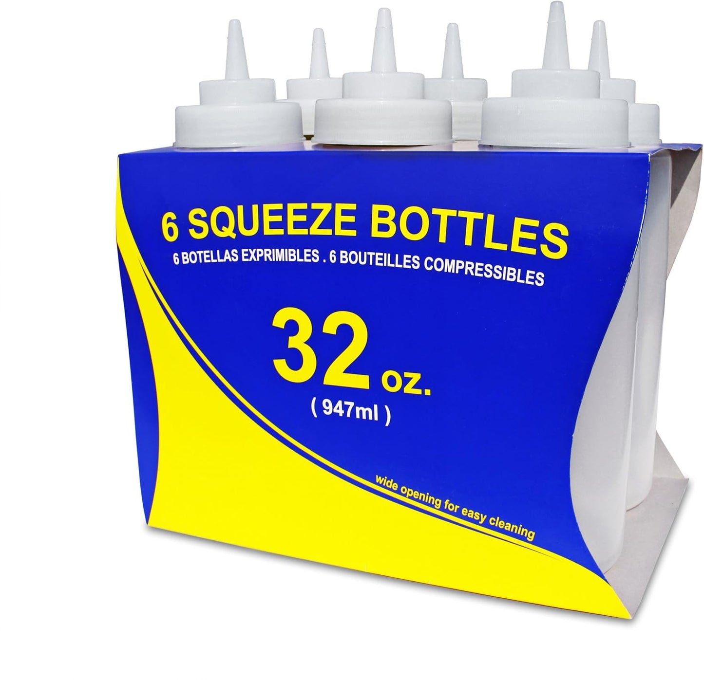 New Star Foodservice 32 oz Clear Squeeze Bottle, Wide Mouth, Pack of 6