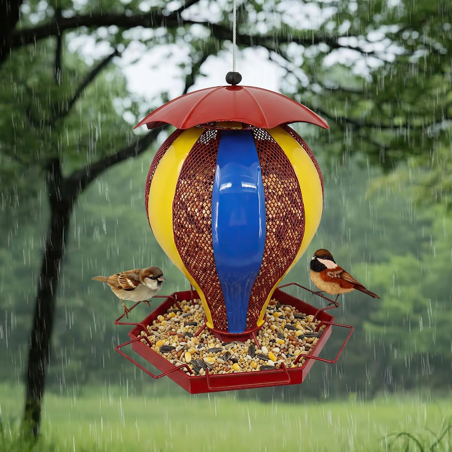Metal Roof Bird Feeder - Chew Proof for Outdoor Hanging Wild Bird Seeds. red, Appearance of The hot air Balloon，Outside Wild Watching for Garden, Yard, Elderly Kids Viewing.