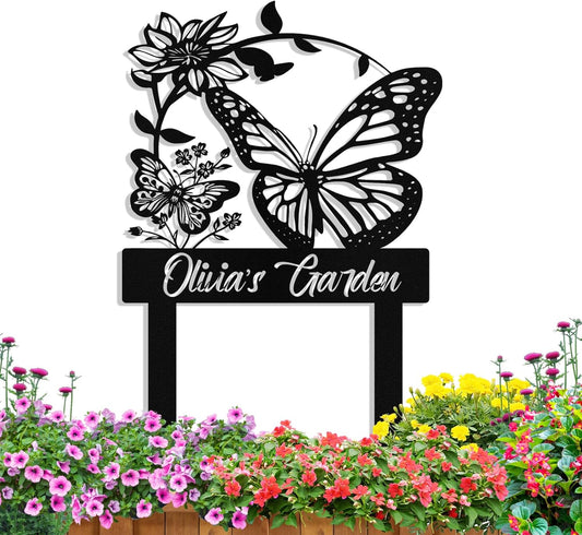 Custom Metal Butterfly Garden Signs with Stake, Personalized Garden Si