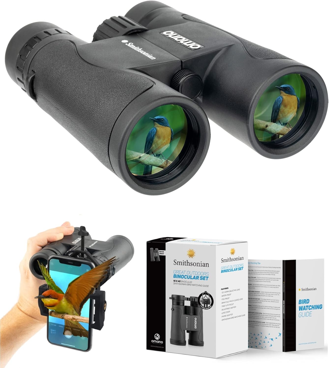 Smithsonian Adult Birding Binoculars - 10x42, Phone Adapter, Diopter Adjustable - Ideal for Hiking, Travel - Includes Bird Watching Guide