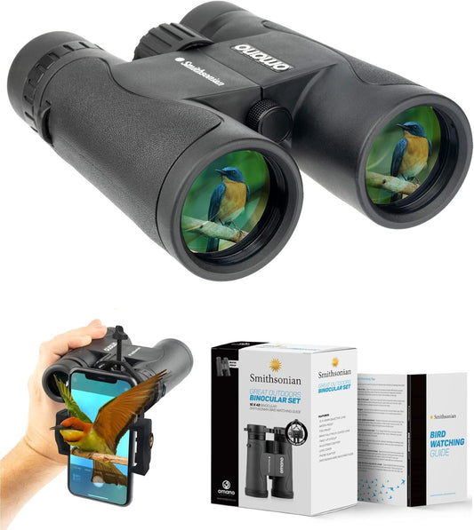 Smithsonian Adult Birding Binoculars - 10x42, Phone Adapter, Diopter Adjustable - Ideal for Hiking, Travel - Includes Bird Watching Guide