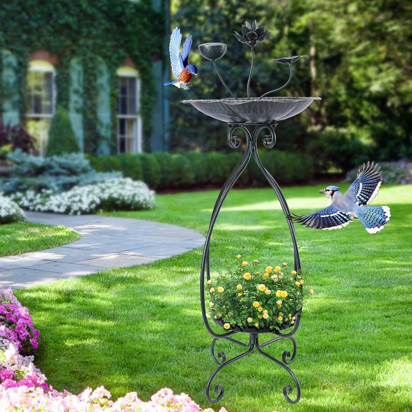 VCUTEKA Bird Bath with Flower Planter Pedestal, birdbath for Outdoors with Lotus, 33" Height Vintage Bird Baths for Garden Yard Patio Lawn Decor