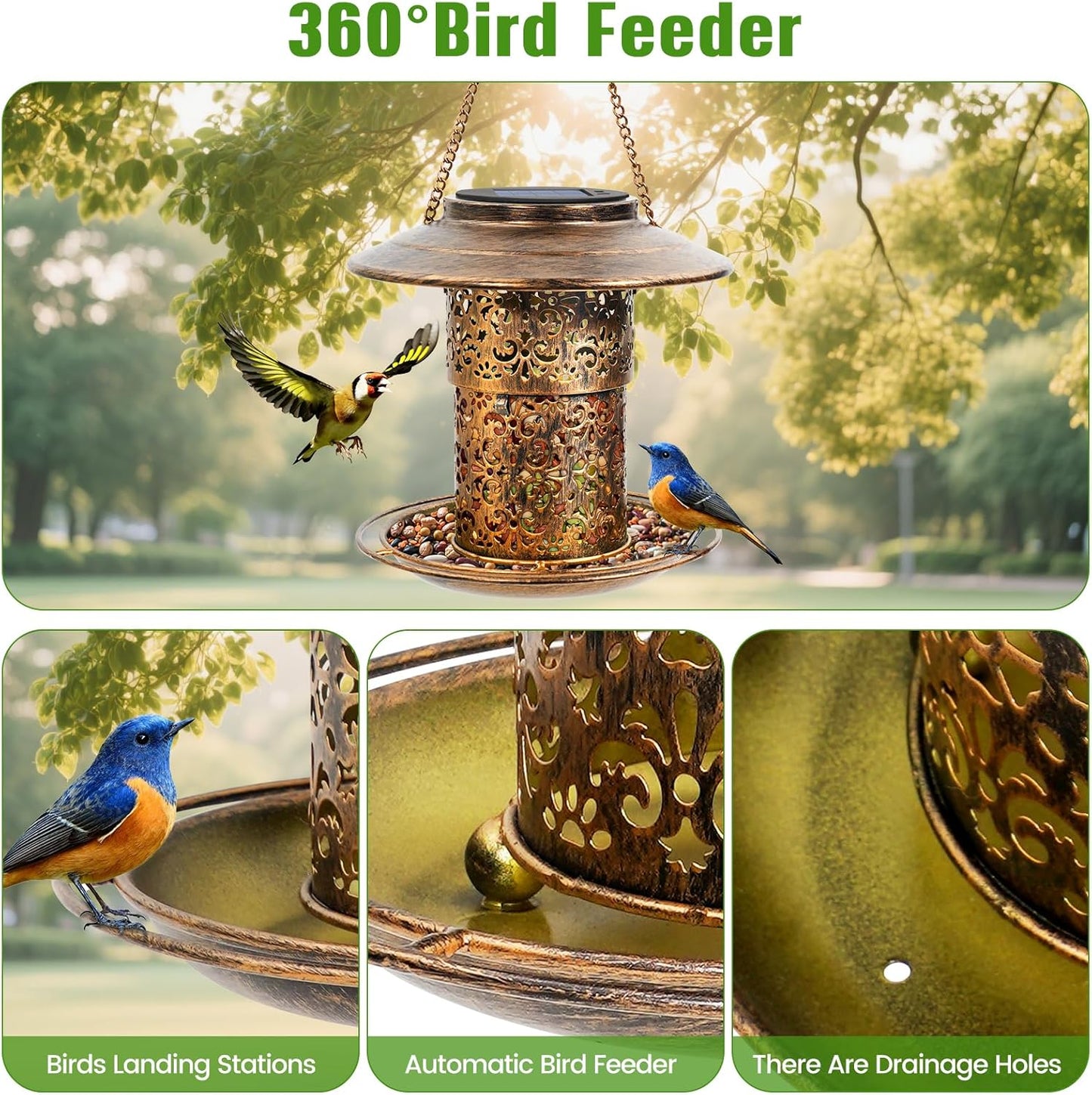 Metal Bird Feeder for Outdoor Hanging, Large Capacity Solar Wild Bird Feeder with Drainage Holes,Landing Ring, Solar Lanterns for Garden Decoration, Unique Bird Watching Gift for Outside