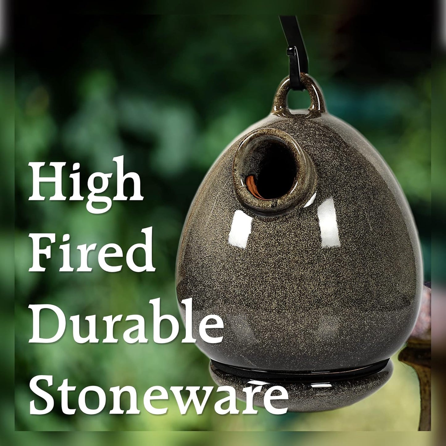 Byer of Maine Egg Bird Home for Small Songbirds, Sandy Granite, High Fired Porcelain Stoneware, Ceramic Bird House, Glaze Finish, with Forged Steel Hook