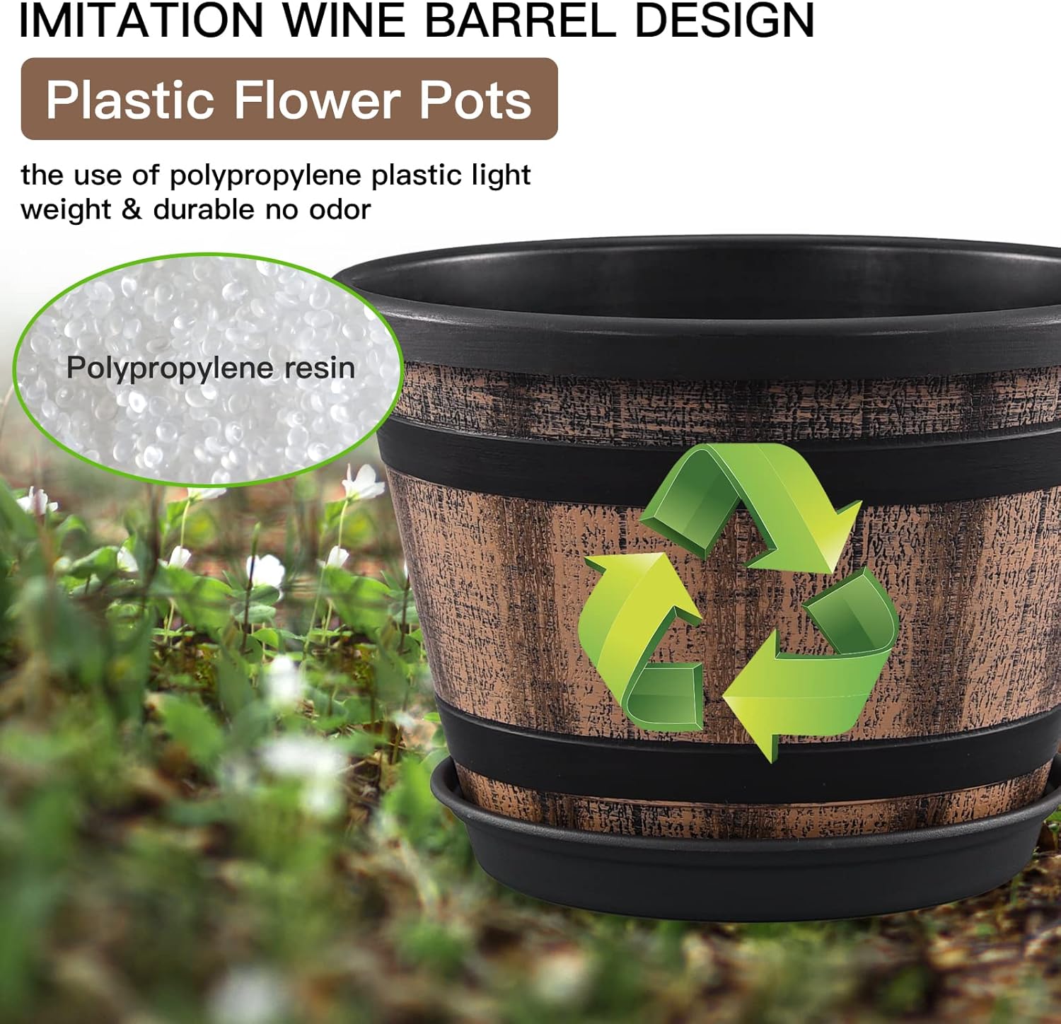 Quarut 3 Pack 10 inch Plant Pots,Whiskey Barrel Planters with Drainage