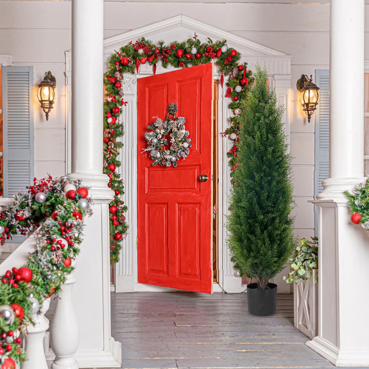 4ft(48”) Artificial Cedar Topiary Tree Potted Plants UV Resistant Leaves Outdoor Artificial Shrub Home and Office Interior Decoration Outdoor Pruned Trees Artificial Outdoor Tree