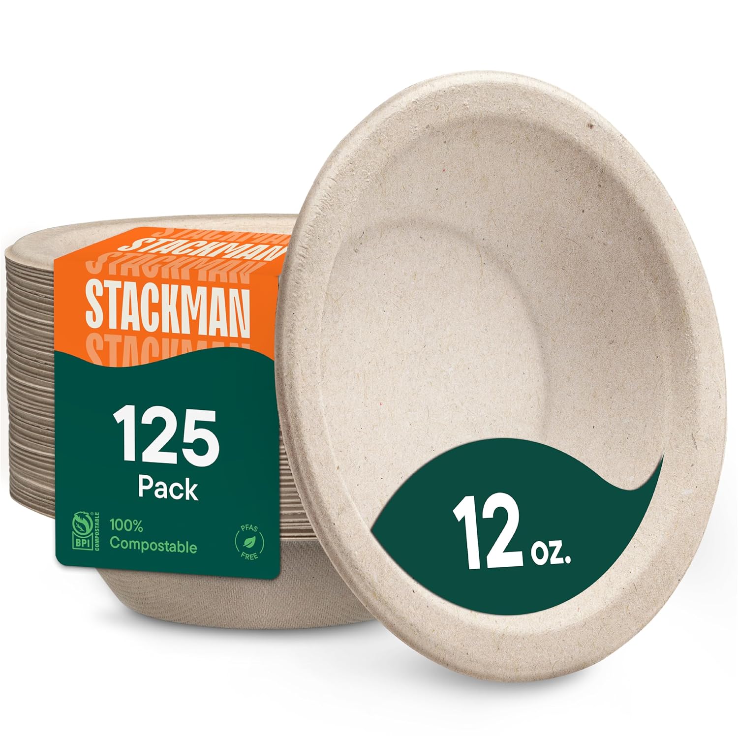 Stack Man Paper Bowls, 100% Compostable Disposable Soup Bowl [125-Pack