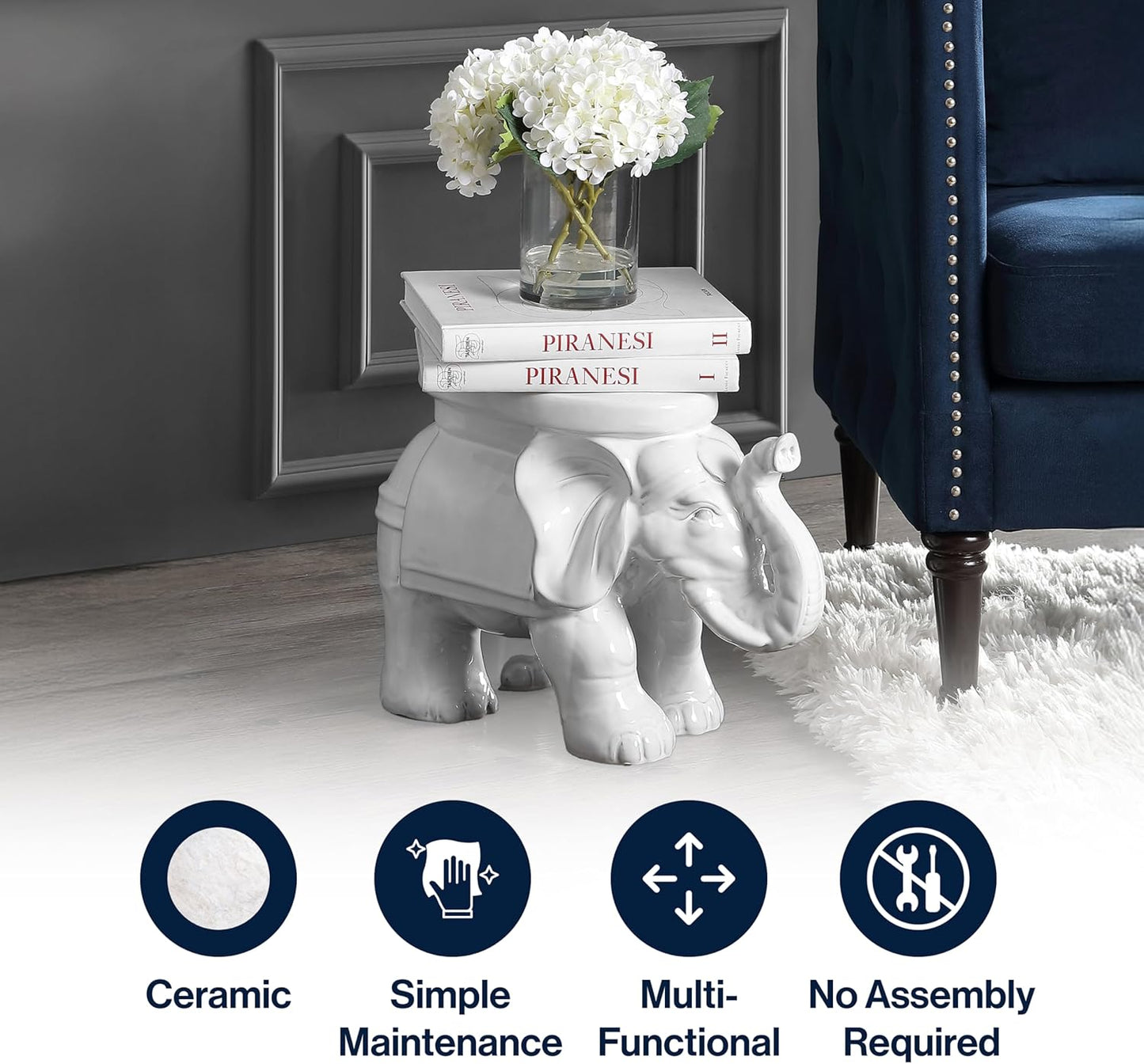 JONATHAN Y TBL1007A White Elephant 14.2" Ceramic Indoor/Outdoor Garden Stool, Coastal, Contemporary, Side Table, Plant Stand, Spill-Proof, Living Room, Bathroom, Garden Room, Patio, Antique White