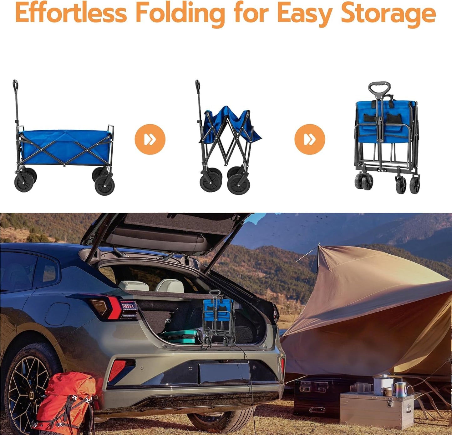 Heavy-Duty Collapsible Wagon Cart with Wheels 250lbs Capacity, Foldable Utility Cart for Camping Gardening Beach, All-Terrain Folding Carts with Reinforced Frame & Smooth Rolling Wheels, Blue