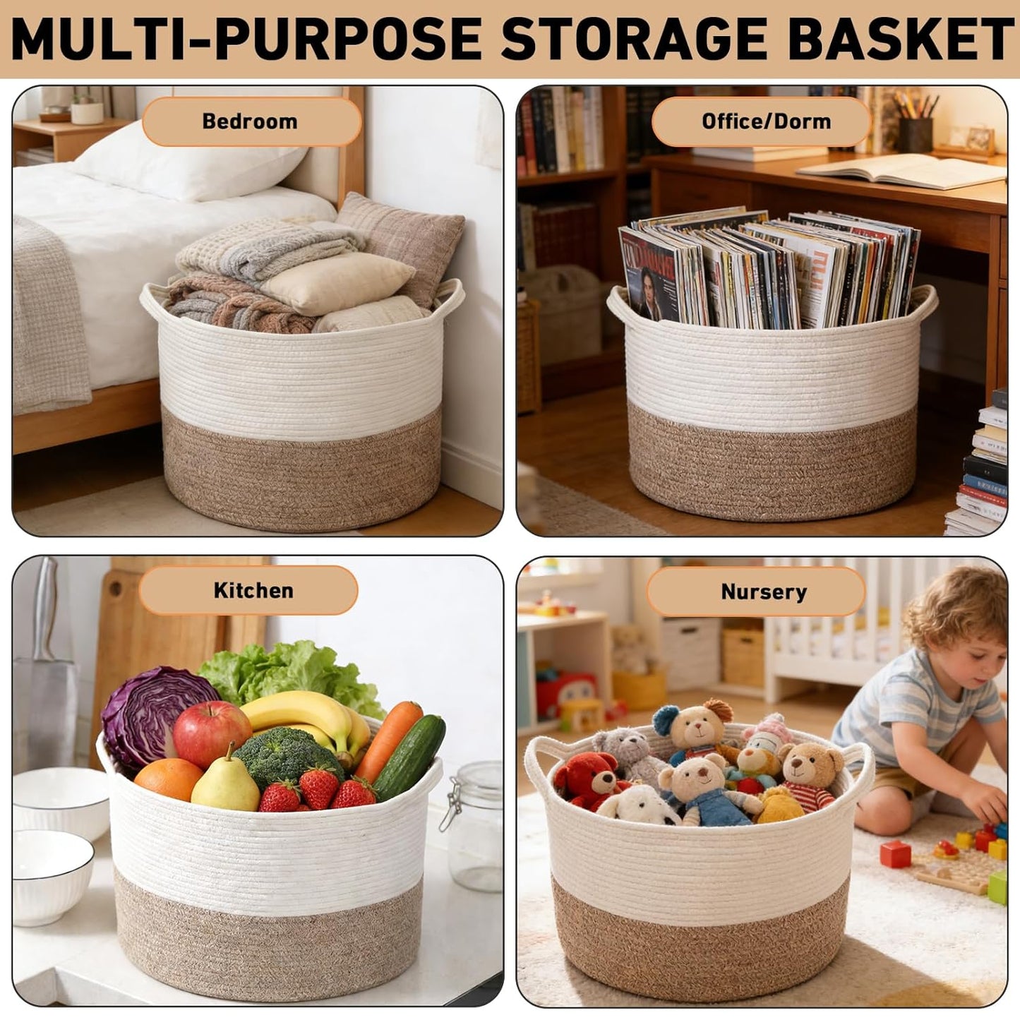 65L Large Blanket Basket,19.7" L x 19.7" W x 13" H Rope Woven Baskets 