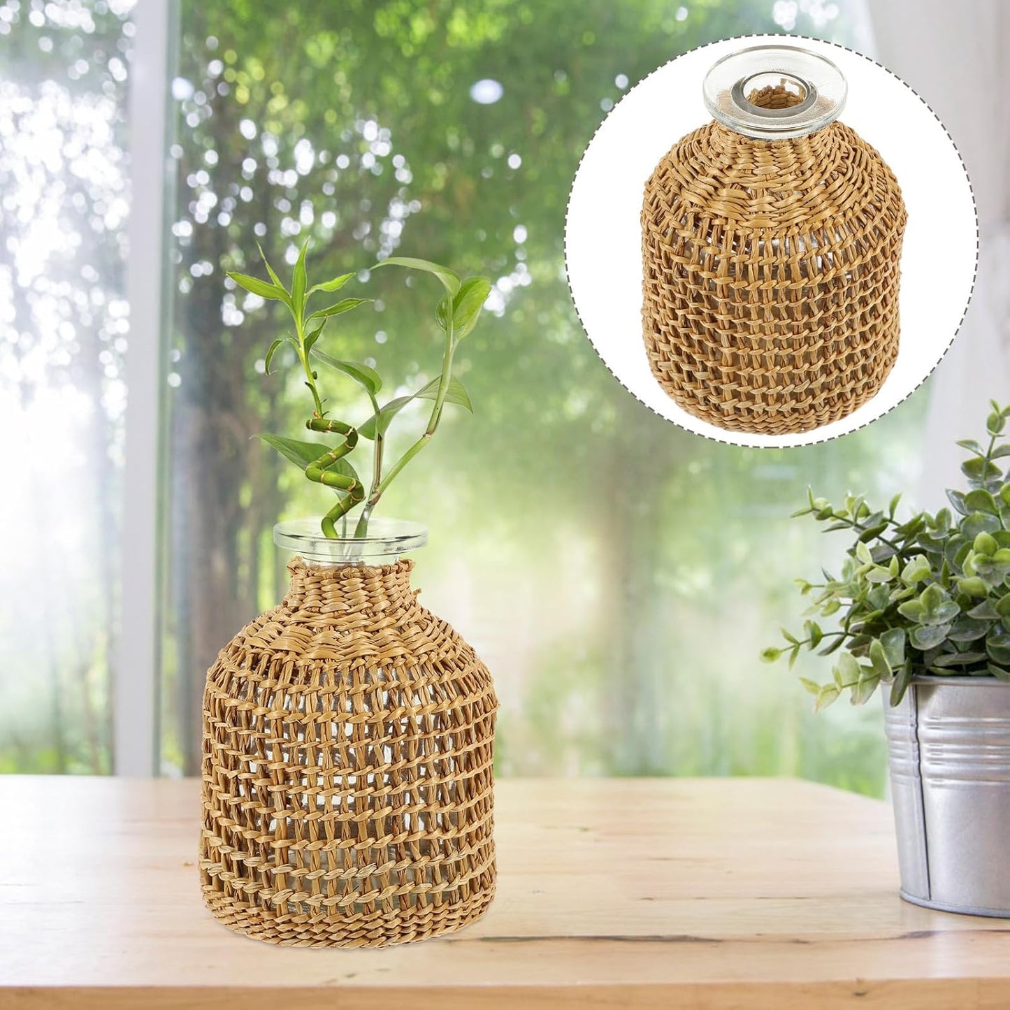 PRETYZOOM Woven Rattan Flower Vase with Glass Insert, Handcrafted Japanese Style Decorative Planter Pot for Home Décor, Living Room Table Centerpiece, Rustic Boho Plants Container
