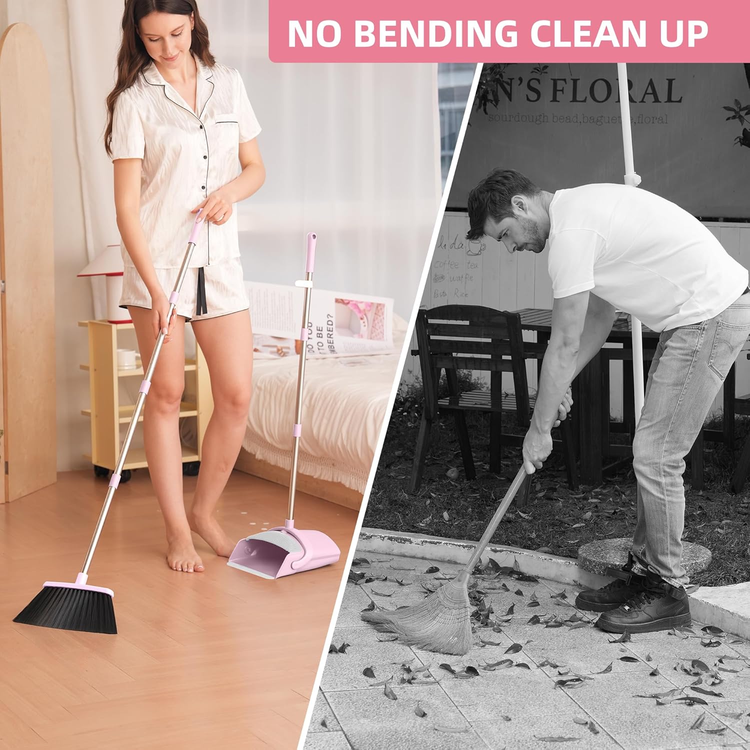 Pink Broom and Dustpan Set, 52” Long Adjustable Handle Broom with Dust