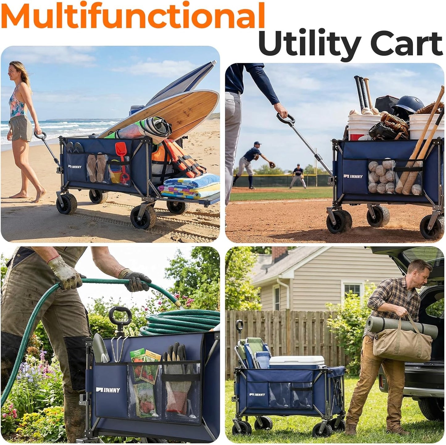55" Collapsible Wagon with Tailgate & Brakes - 500LBS Heavy Duty Multi-Terrain Cart, 300L Foldable Utility Wagon with Cup Holders & Side Pockets for Beach Sand Camping Sports Shopping (Blue)