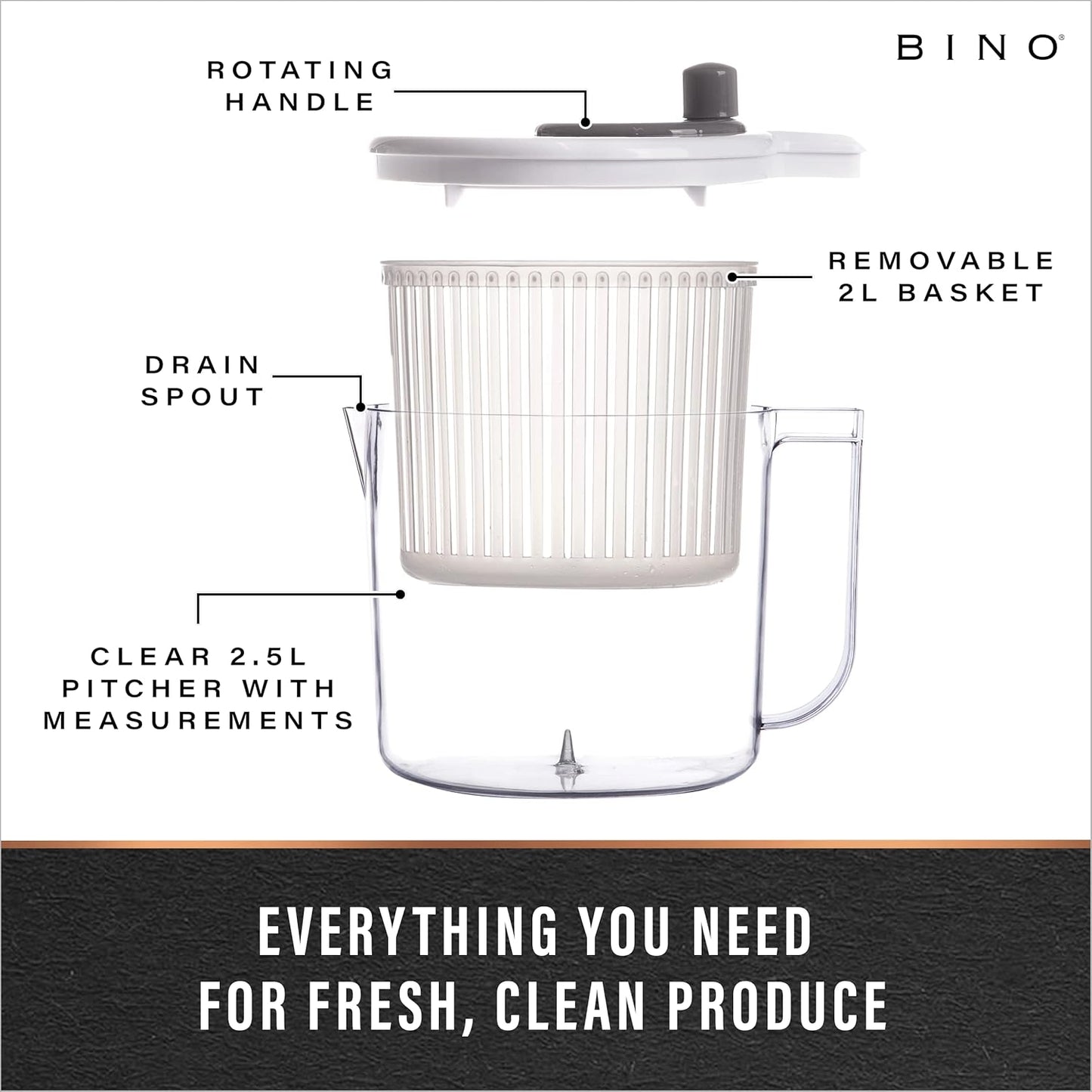BINO | Salad Spinner - 2.6 Qt | Small Manual Lettuce Spinner with Buil