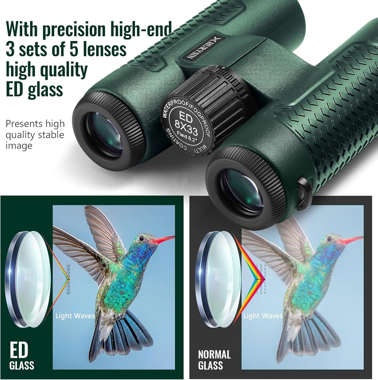 ED 8x33 Binoculars – HD Optical System, Nitrogen-Filled and Waterproof & Fogproof, Non-Slip Silicone Grip for Comfortable Handling, Perfect for Hunting, Bird Watching, Hiking, Travel