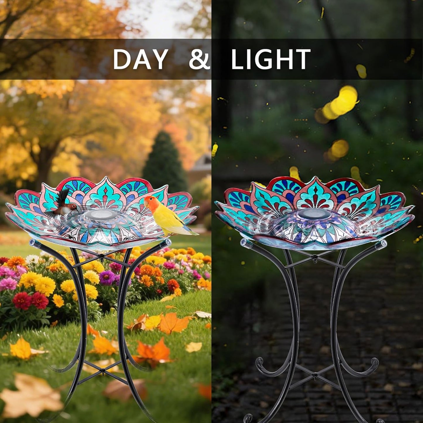MUMTOP Bird Baths for Outdoors, Glass Large Solar Bird Bath Bowl with Metal Stand, Kaleidoscope Bird Feeders for Outside and Garden, Patio,Lawn Decor (Flower Edge)