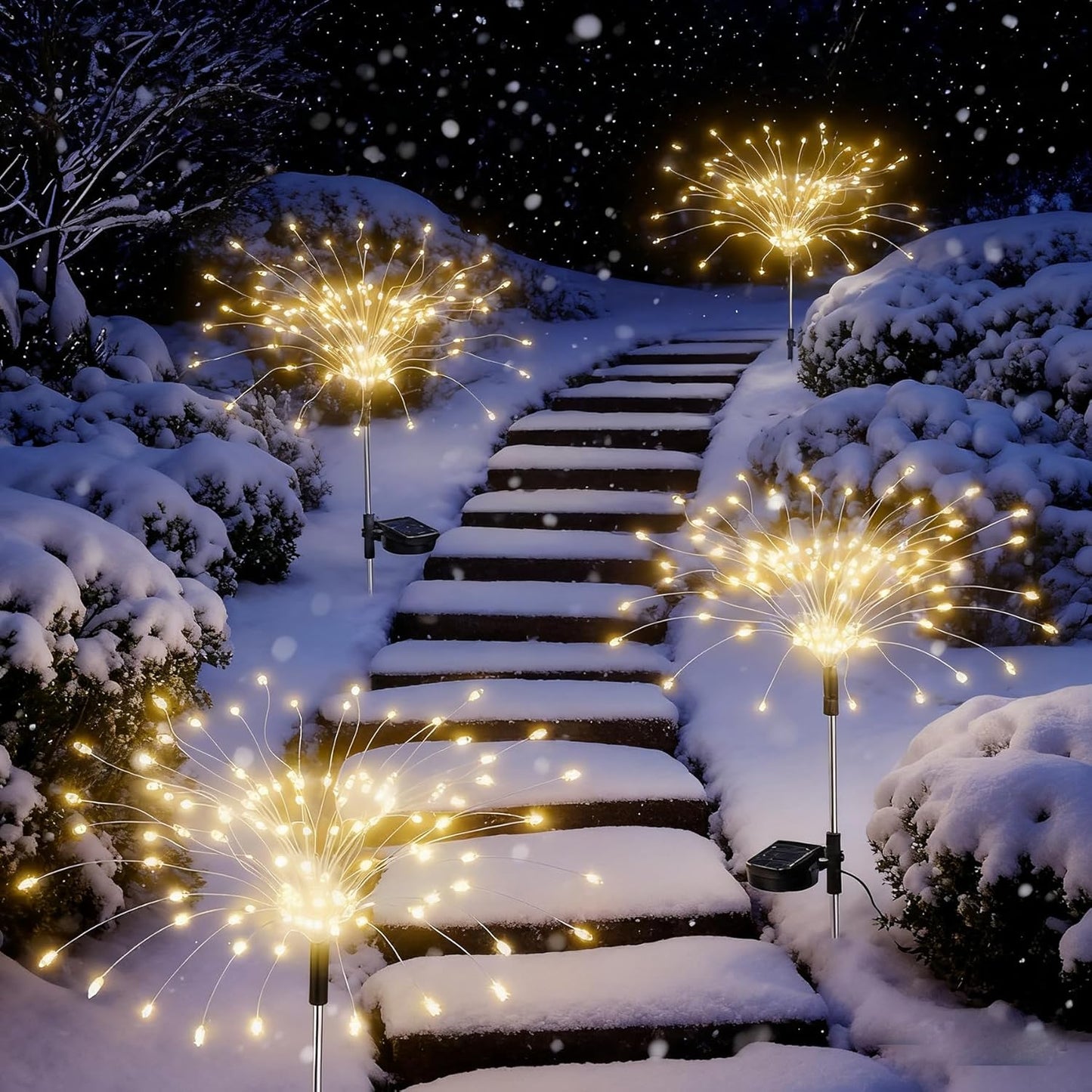 4 Pack Solar Firework Lights, 200 LED Outdoor Waterproof Garden Decorative Lights, for Party, Home, Christmas Decoration (Warm Ligh)