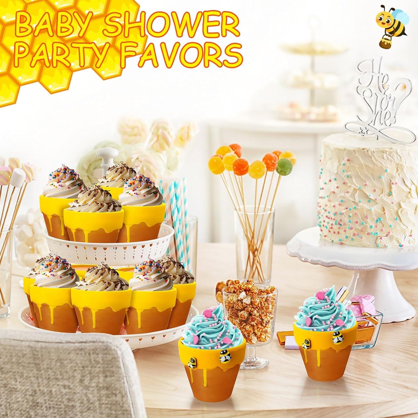 Yungyan 48 Pack Mini Honey Bee Pots with Bee Charms for Cupcake Planter Ceramic Honey Jars for Baby Shower Guests Wedding 1st Birthday Party Favors (Cute Style)