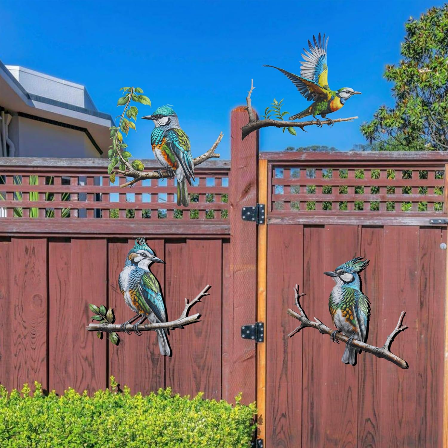 Metal Bird Wall Art Decor - 4PCS 3D Colorful Birds Sculpture Outdoor I