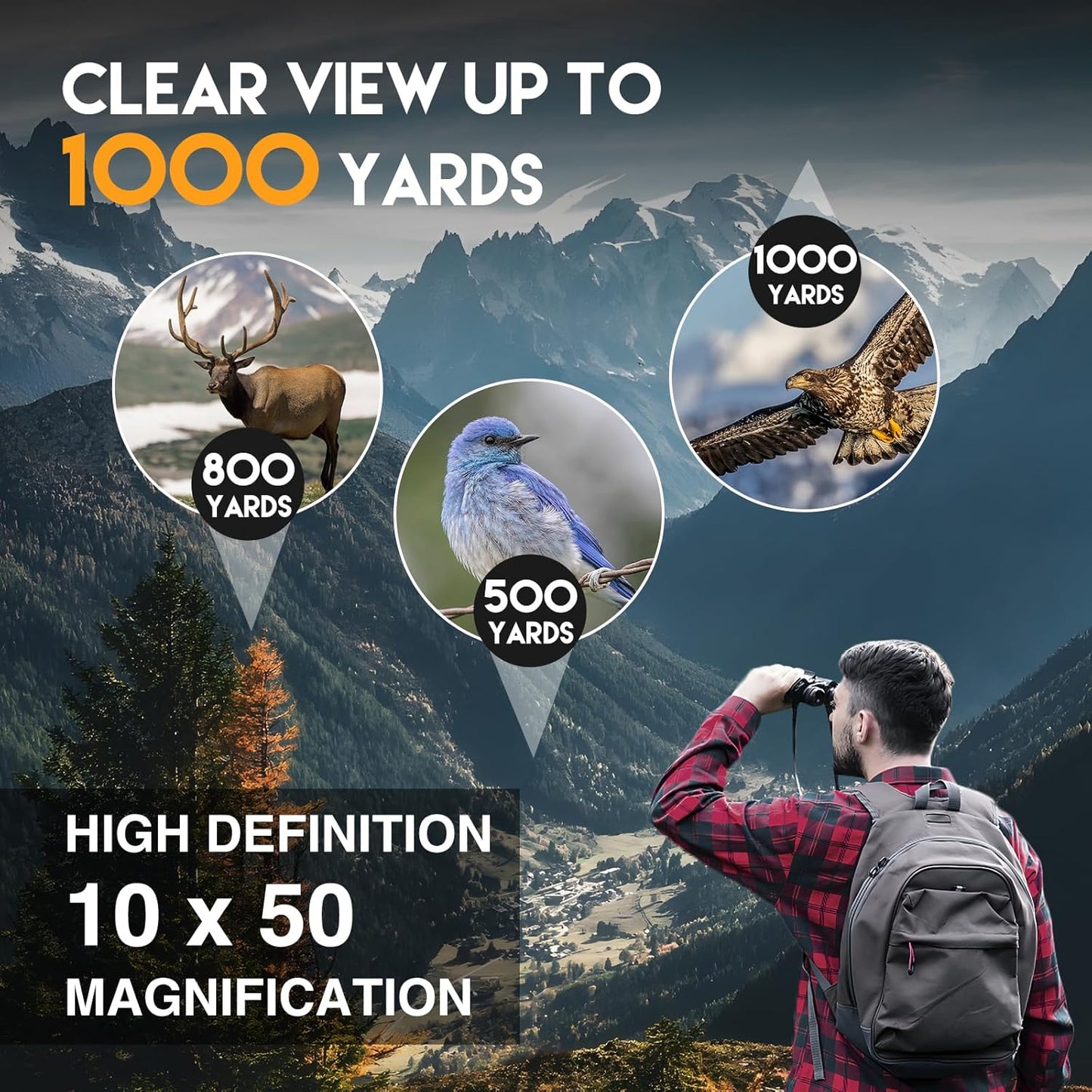 10x50 HD Binoculars for Adults High Powered, Waterproof & Compact Binoculars for Bird Watching,Travel–Low Light Vision, Non-Slip Grip, Durable Optics