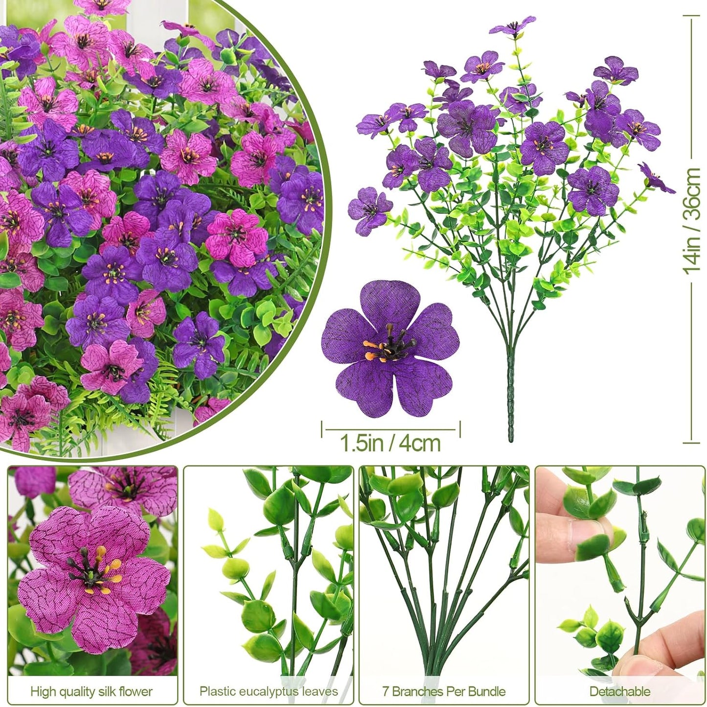 SOMYTING Artificial Flowers for Outdoors, 12 Bundles Silk Fake Flower with Fern Fake Flower Daisy UV Resistant Faux Plants for Spring Summer Greenery Boxwood Porch Patio Garden Pot Planters Decor