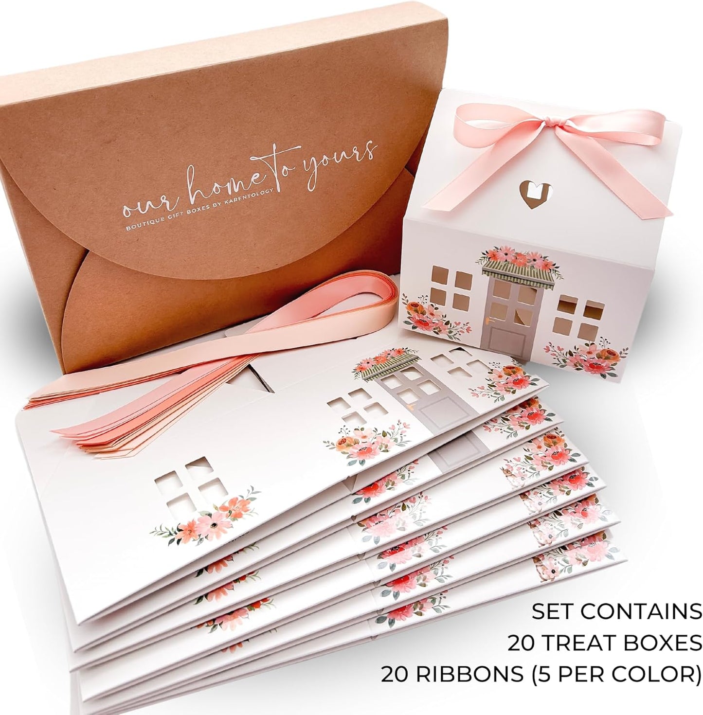 20 Pcs Garden Small House Shaped Gift Boxes with Ribbons House Boxes for Treats, Treat Boxes for Dessert, Fancy Cookie Boxes for Gift Giving, White Gable Box, Bakery Boxes