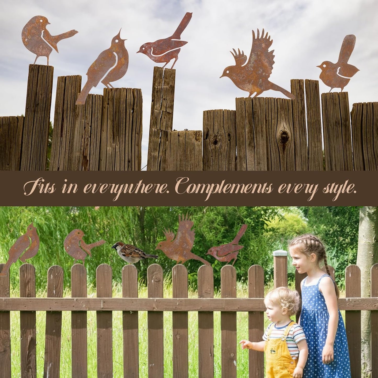 5PCS Rusty Birds Fence Decoration, Outdoor Metal Birds Decor for Yard, Rustic Garden Decor.